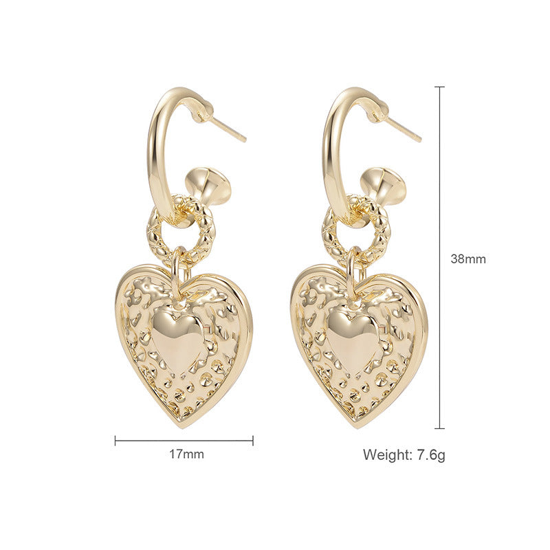 Fashion heart-shaped pendant metal texture design simple and versatile retro French temperament personality female earrings