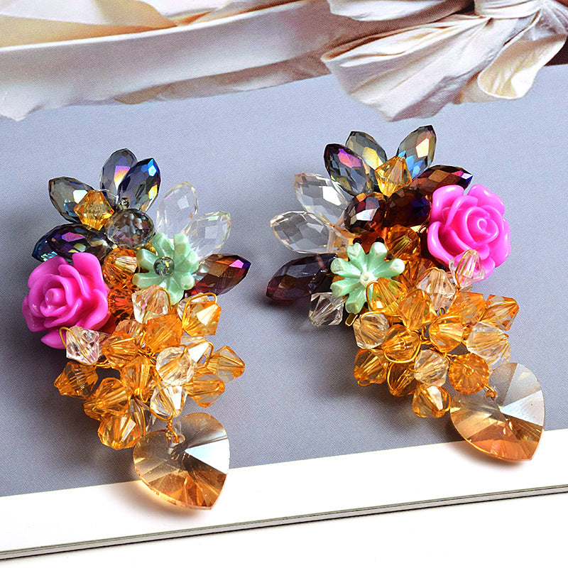 New European And American Style Colorful Flower Earrings Love Crystal Jewelry