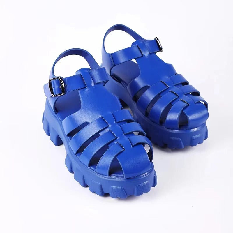 Flat Thick Sole Plastic Beach Sandals Women Round Toe Ankle Buckle Platform Sandalias