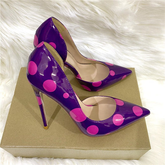 Fuchsia Polka Dot Women Purple Patent D'Orsay Pointy Toe High Heel Party Wedding Shoes Elegant Stiletto Pumps 8-12cm
