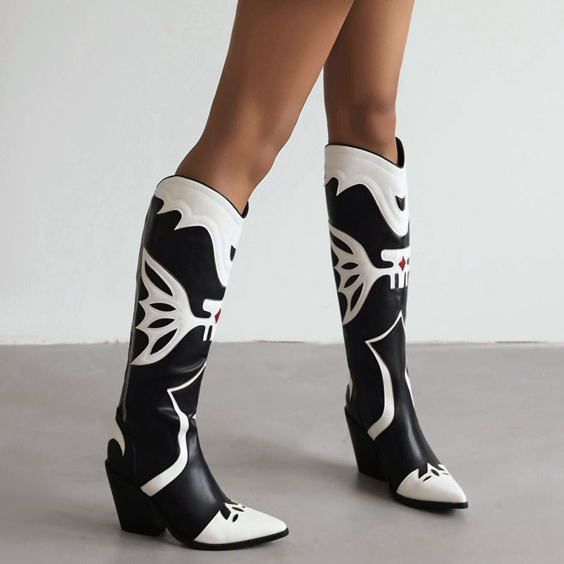 Western Cowboy Women's Knee High Boots Pointed Toe Crude Heel Slip On Female Embroidered Party Long Boots Women Shoes