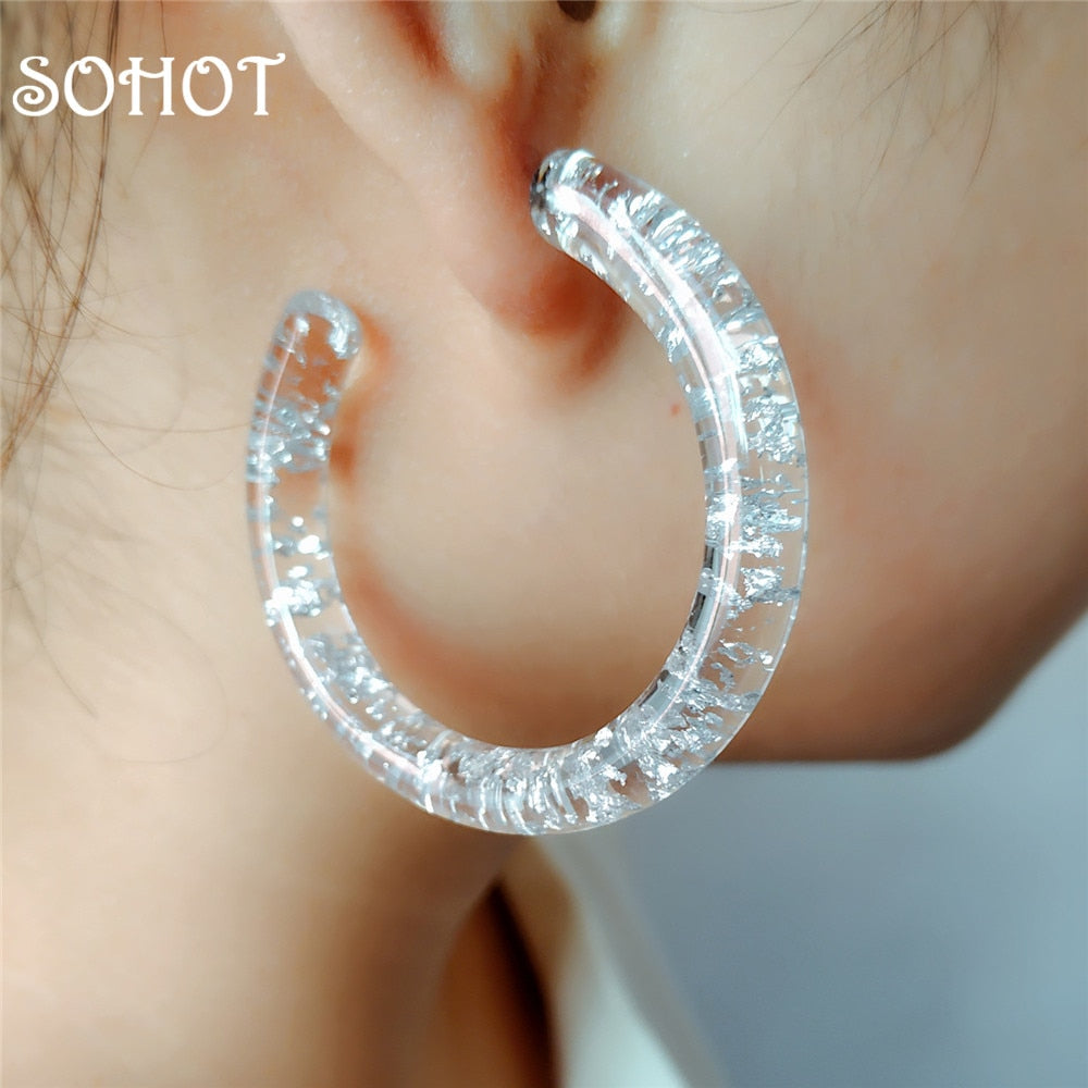 Retro Minimalist Style Tin Foil Clear Acrylic Hoop Earrings