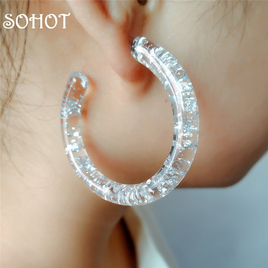 Retro Minimalist Style Tin Foil Clear Acrylic Hoop Earrings