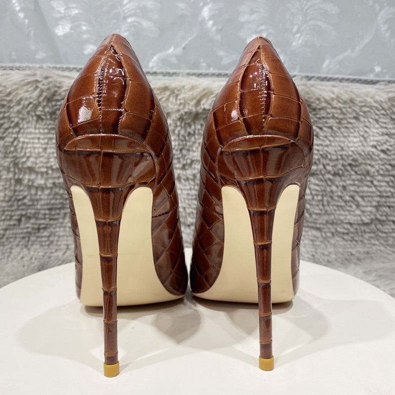 Tikicup Coffee Brown Crocodile Effect Women Sexy 8 10 12cm High Heel Party Shoes Ladies Slip On Pointy Toe Stiletto Pumps