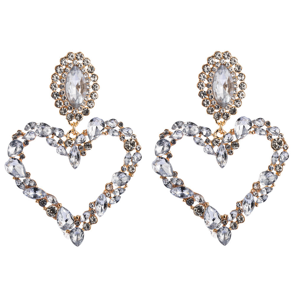 Popular Heart Shape Alloy Inlaid Colored Diamonds Retro Temperament Exaggerated Earrings Women Korean Trendy Super Flash Full Diamond Earrings
