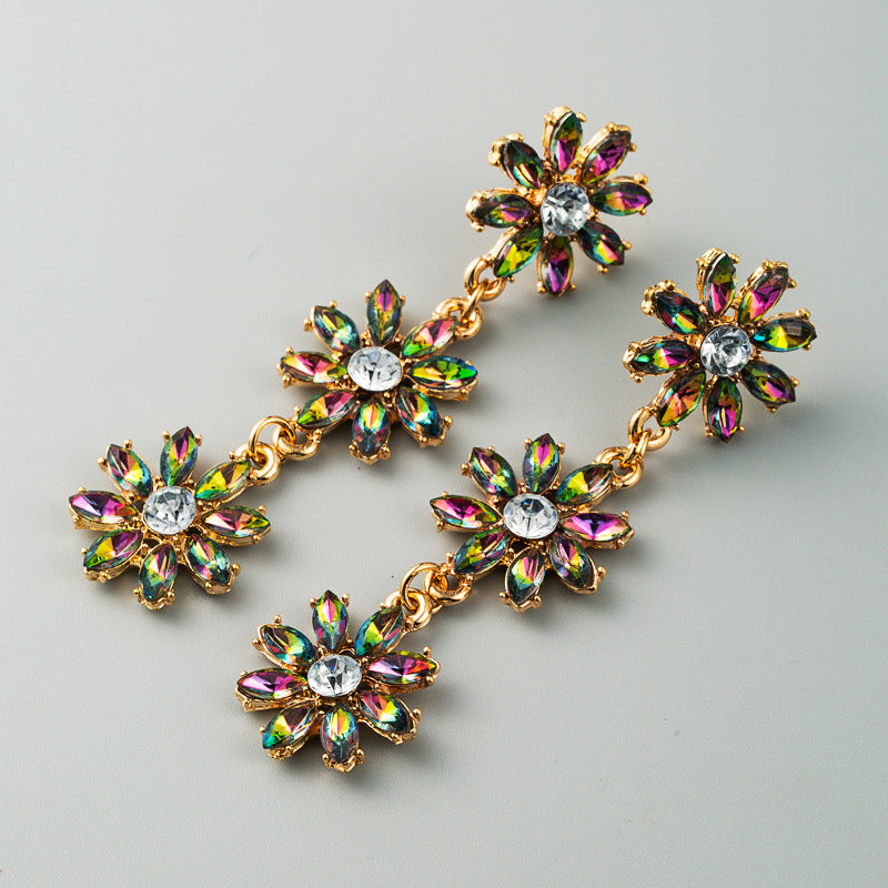 Personality Exaggerated Multi-Layer Alloy Inlaid Rhinestone Flower Earrings Ladies Long Temperament New Earrings