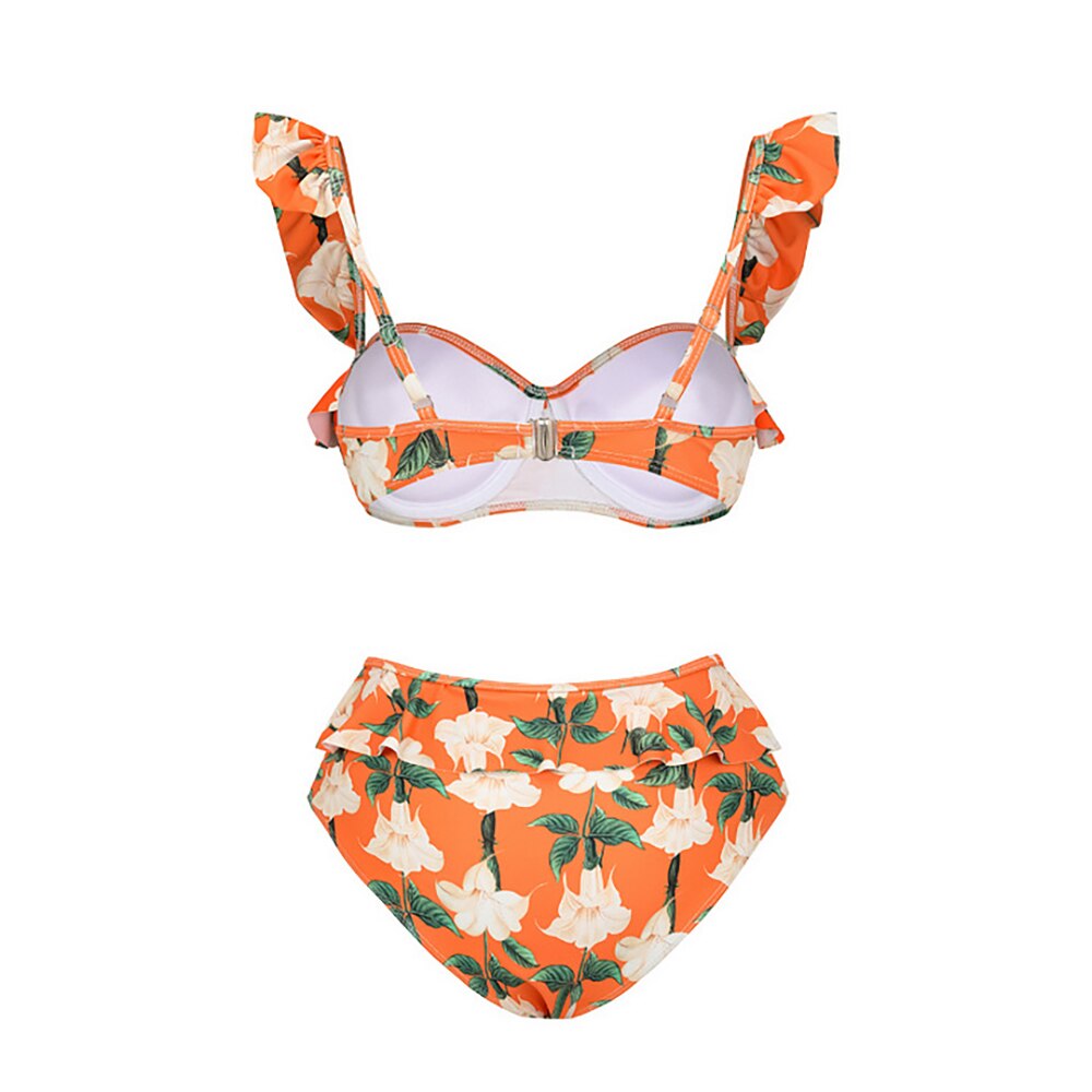 New Bikini Split Swimsuit Ruffled High Waist Printed Atmosphere Swimwear Beachwear and Wrap Skirt Set One Piece Swimsuit