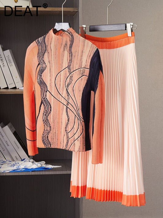 Fashion Loose Pleated Pants Sets O Neck Full Sleeves Print Top And Elastic Waist Color Block Spring