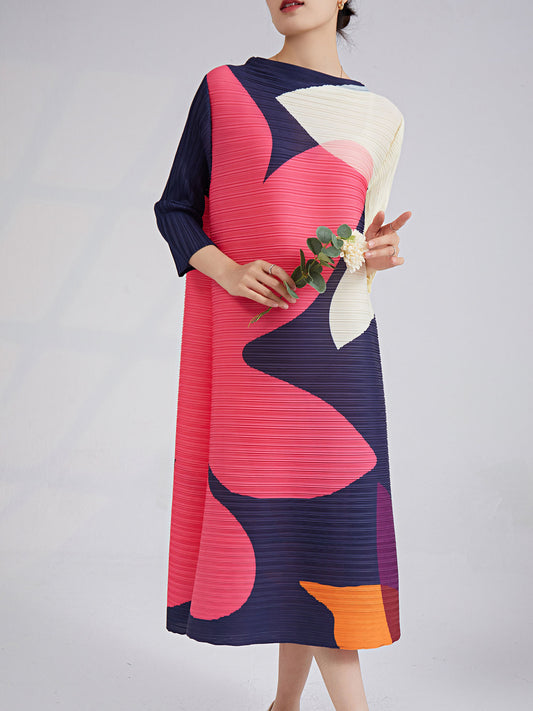 Pleated Belt Dress For Women Round Neck Long Sleeves Contrast Color Elegant Dresses Female Clothing