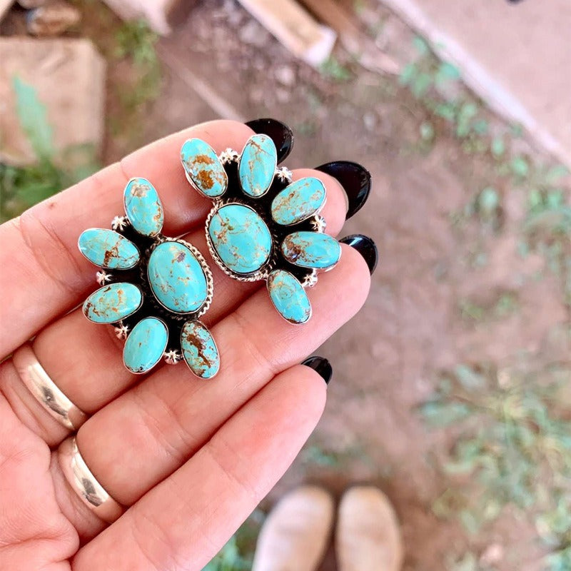 Bohemian Style Retro Geometric Flowers With Turquoise Exaggerated Earrings Earrings