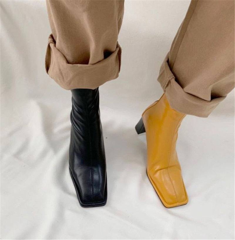 Yellow Square Toe Women Ankle Boots Chunky High Heel Elastic Boot Female Slim Fit Sock Boots Fashion