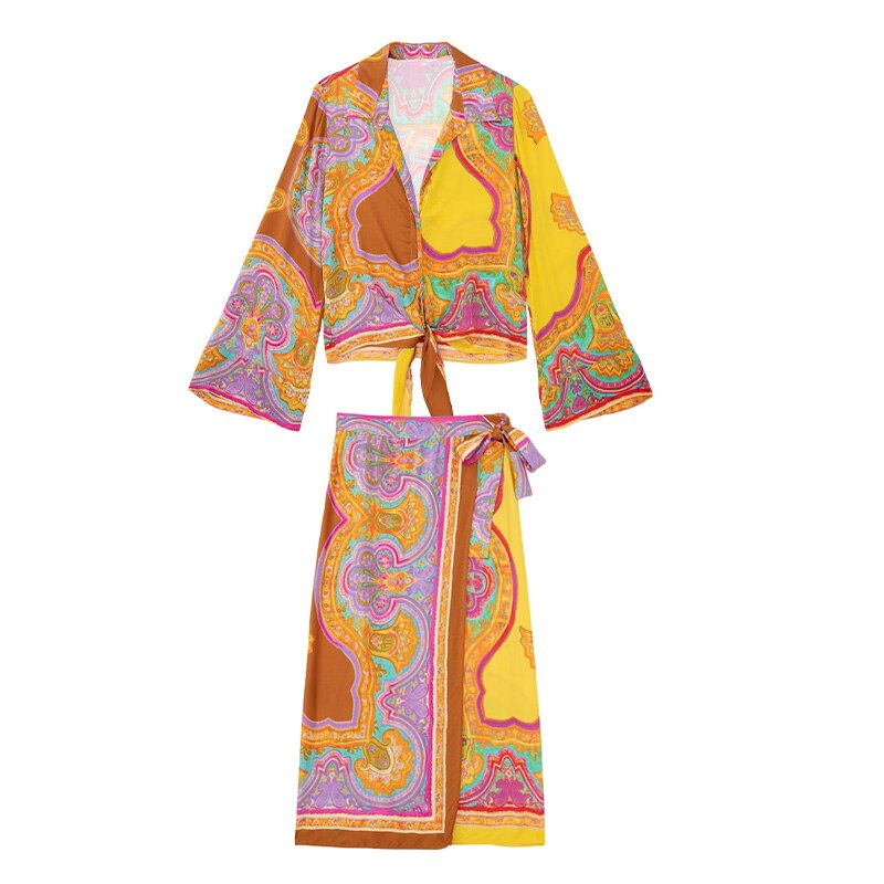 Summer Women Printed Suits Traf Knot Casual Blouses V Neck Loose Shirt + Midi Skirt 2 Piece Sets Female Chic Tops