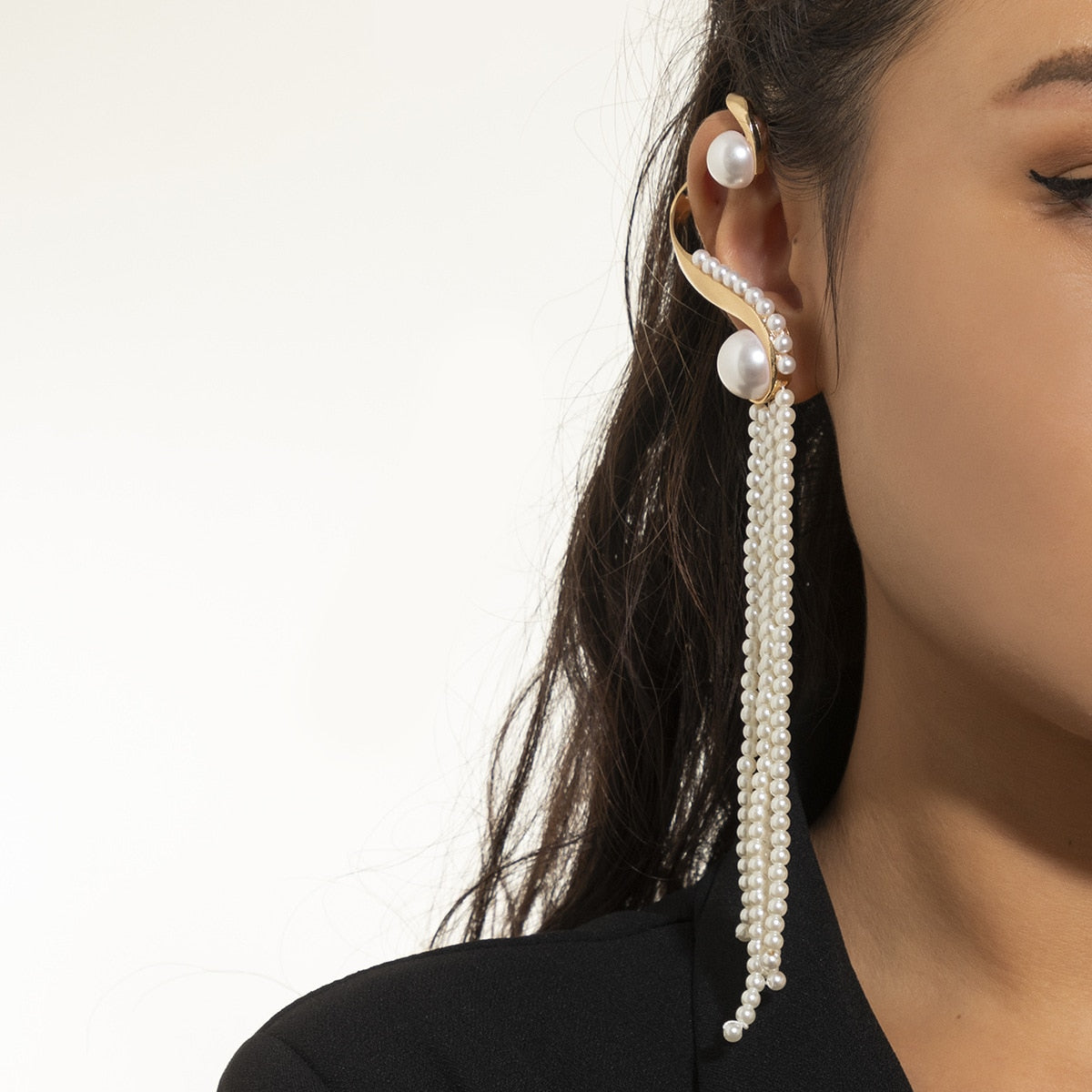 One Piece Korean Long Tassel Earrings Girls No Ear Piercing Full Pearl Big Clip Earrings For Women Gift Jewelry Ear Cuff