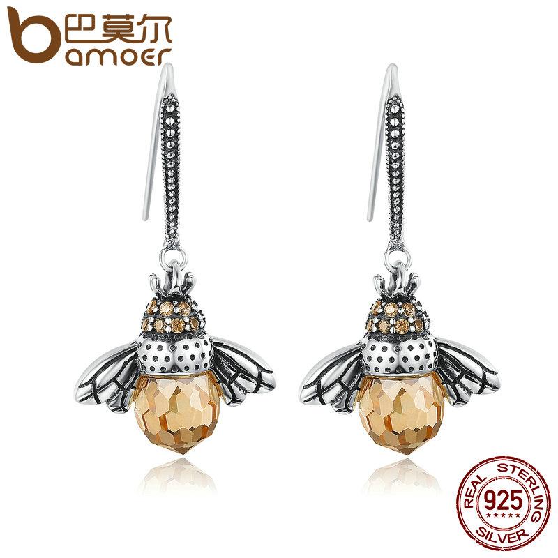 BAMOER 925 Sterling Silver Lovely Orange Bee Animal Drop Earrings SCE149