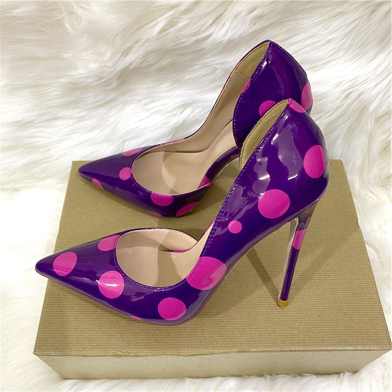 Fuchsia Polka Dot Women Purple Patent D'Orsay Pointy Toe High Heel Party Wedding Shoes Elegant Stiletto Pumps 8-12cm