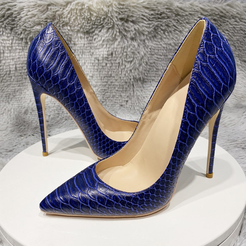 Navy Blue Crocodile Effect Pattern Women Sext Pointy Toe High Heel Shoes Chic Ladies Slip On Stiletto Pumps