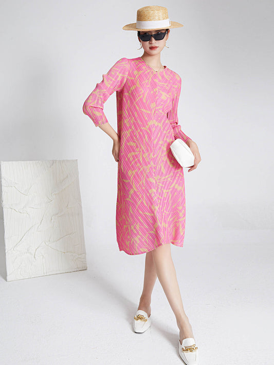 Printed Pleated Dress For Women V-neck Long Sleeves Spliced A-line Dresses Female Clothing
