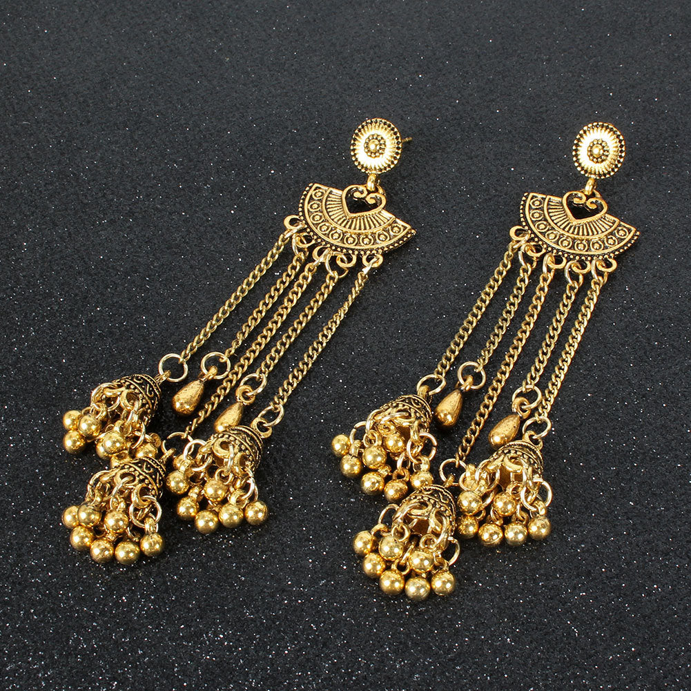 Alloy Tassel Long Earrings Heart-Shaped Fan Bell Earrings Ethnic Style Earrings Women