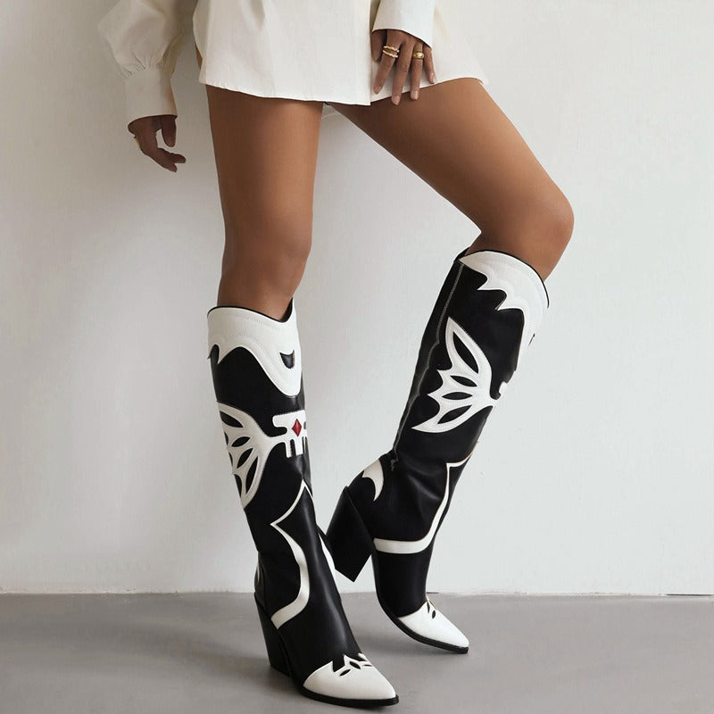 Western Cowboy Women's Knee High Boots Pointed Toe Crude Heel Slip On Female Embroidered Party Long Boots Women Shoes