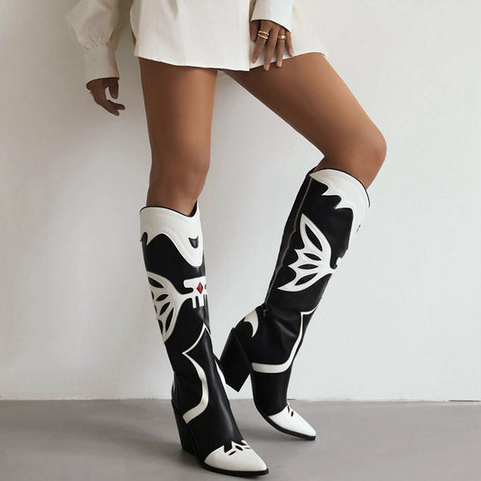 Western Cowboy Women's Knee High Boots Pointed Toe Crude Heel Slip On Female Embroidered Party Long Boots Women Shoes