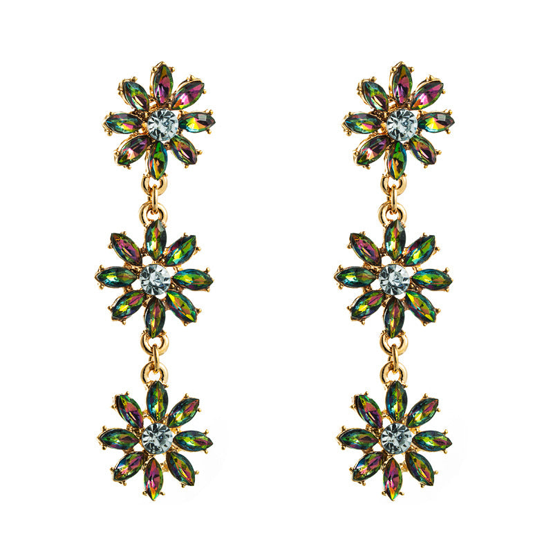 Personality Exaggerated Multi-Layer Alloy Inlaid Rhinestone Flower Earrings Ladies Long Temperament New Earrings
