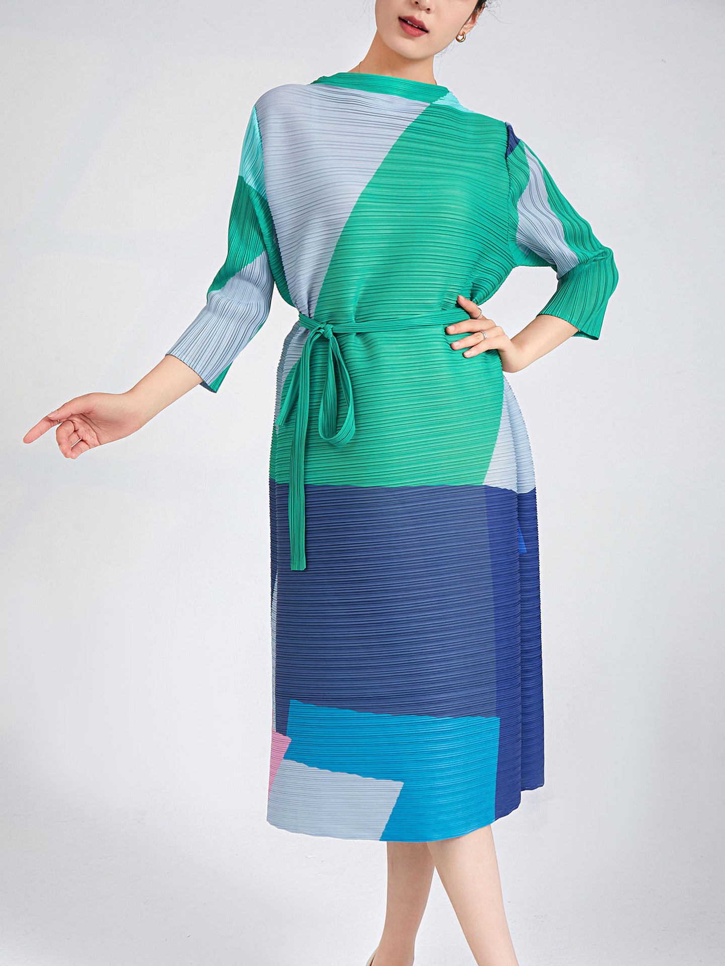Pleated Belt Dress For Women Round Neck Long Sleeves Contrast Color Elegant Dresses Female Clothing