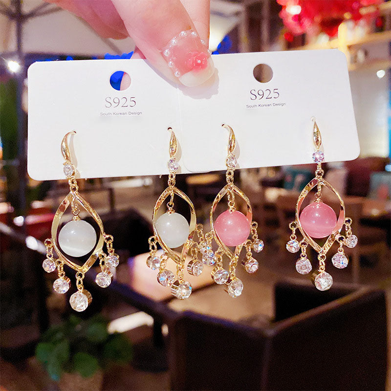 Temperament Smart Water Drop Earrings Personality High-End Korean Fashion Tassel Earrings Workplace Lady Cat's Eye Earrings