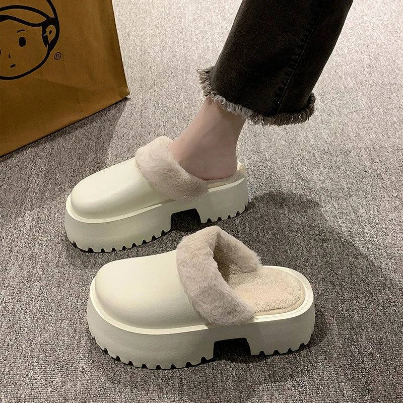 Winter Women Slippers 5cm Platform Clogs Warm Furry Slippers Fur Indoor Home Cotton Shoes Female Fluffy Slides Plush Slippers