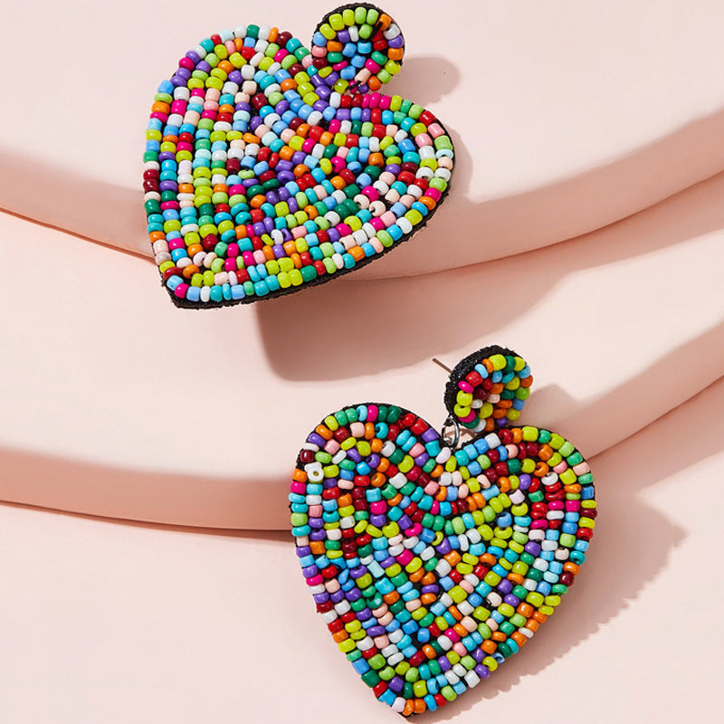 Creative National Style Earrings Women's Color Love Earrings Bohemian Handmade Cloth Heart-Shaped Rice Bead Earrings