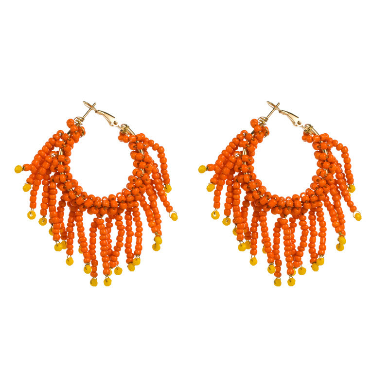 Ins Fashion Alloy Studded Rice Bead Earrings Bohemian Advanced Tassel Earrings
