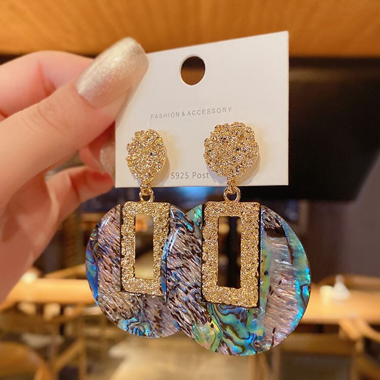 High sense of retro green geometric stitching earrings female niche design sense of atmospheric exaggerated earrings new