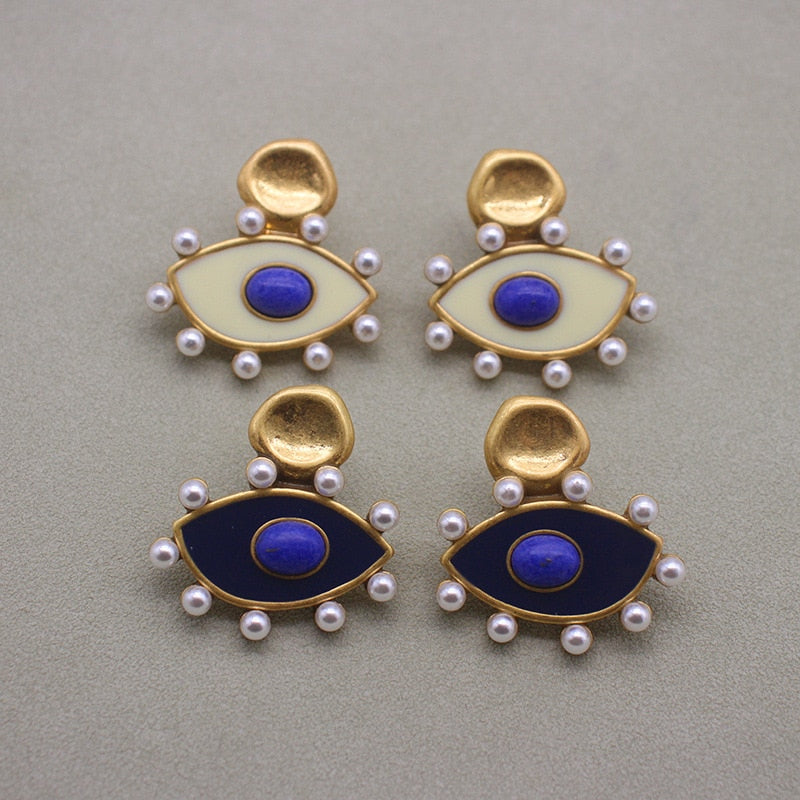 designer Eye enamel stone vintage pearl stud earrings for women new cool girls rock geometry punk piercing