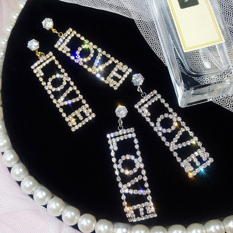 LOVE Letter Big Crystal Drop Earrings Gold Silver Color Rhinestone Dangle Earrings for Women Wedding Party Jewelry