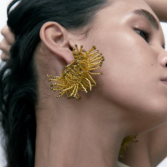 Ins Fashion Alloy Studded Rice Bead Earrings Bohemian Advanced Tassel Earrings