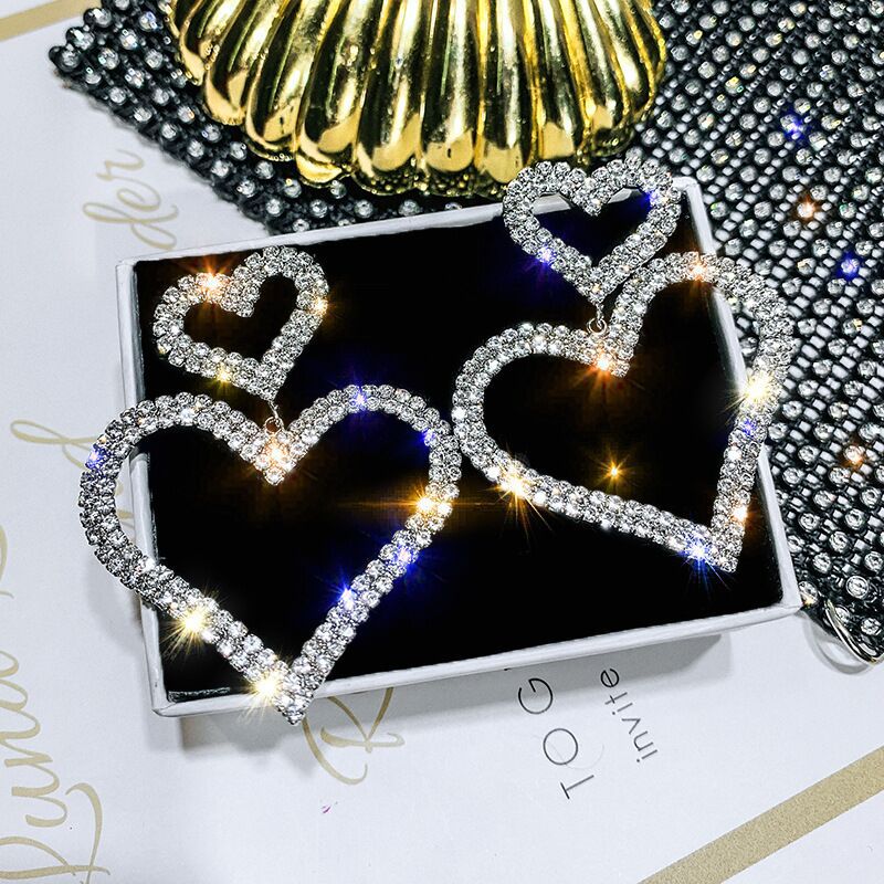 S925 Silver Needle Stud  Fashion Exaggerated Diamond Double Heart Earrings Temperament Versatile Long Peach Heart Earrings Women