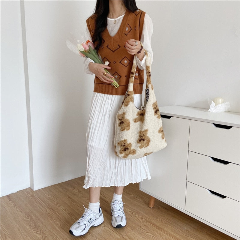 Women Lamb Like Fabric Shoulder Tote Bag Canvas Fluffy Fur Bear Handbags Large Capacity Soft Shopping Bags Girls Cute School Bag