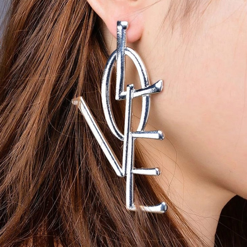 Unique Design Gold Color Letter Love Big Stud Earrings Women Metal Statement Earrings Name Jewelry