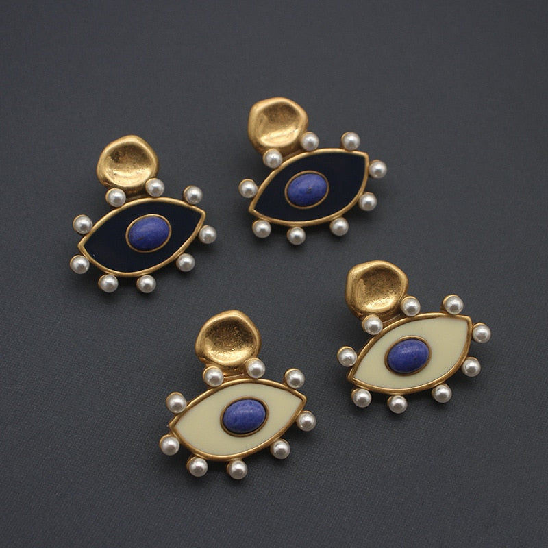 designer Eye enamel stone vintage pearl stud earrings for women new cool girls rock geometry punk piercing