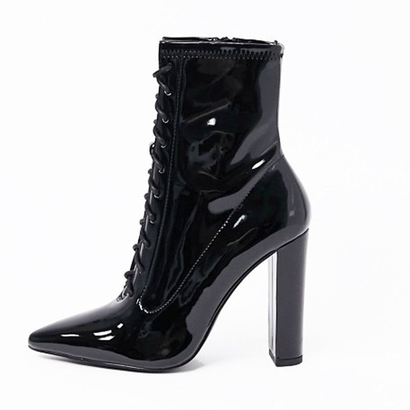 Black Patent Leather Pointed Toe Thick High Heel Short Boots Lace Up Side Zipper Large Ankle Boots Winter New Style