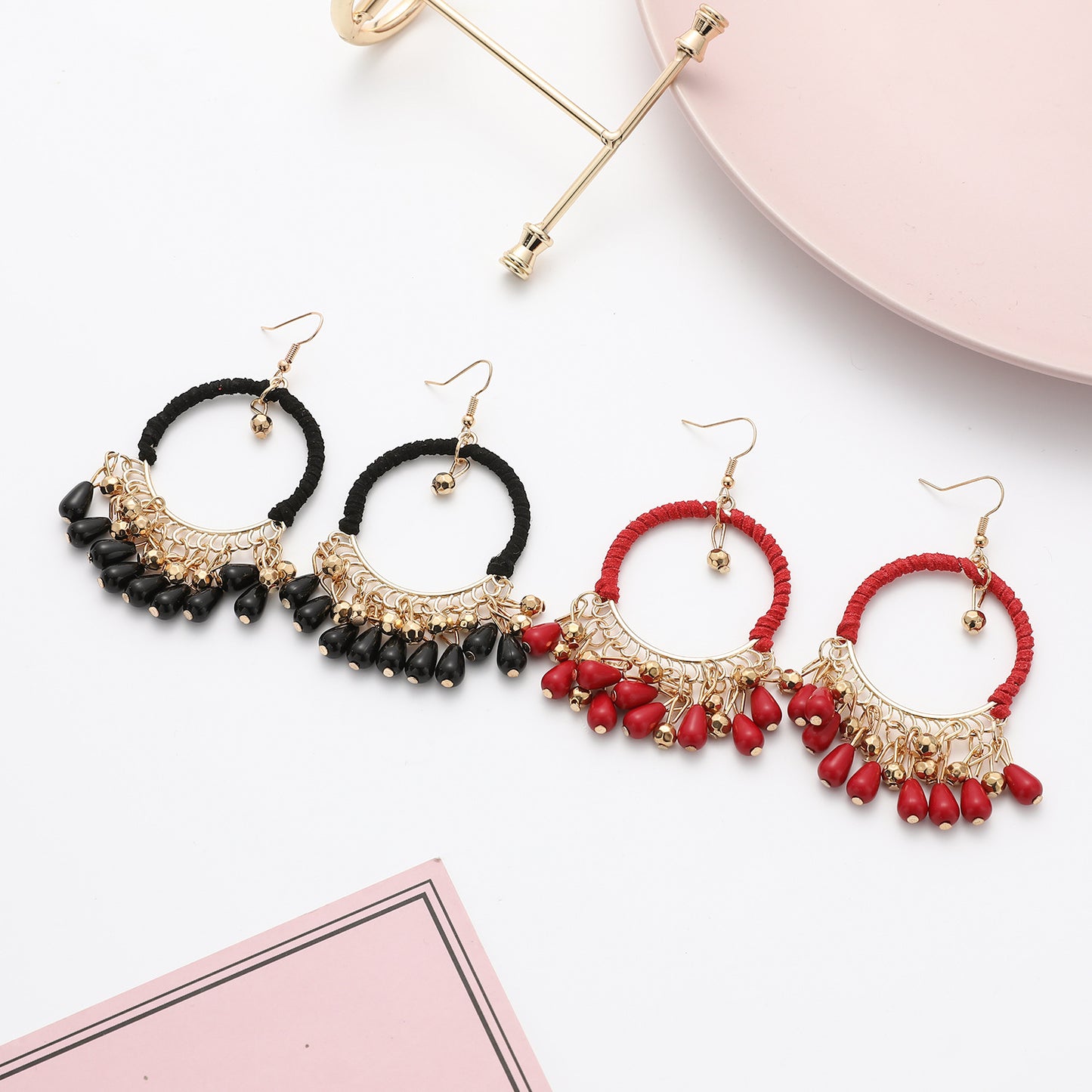 Ethnic Temperament Hand-Woven Earrings Bohemian Retro Round Water Drop Tassel Earrings