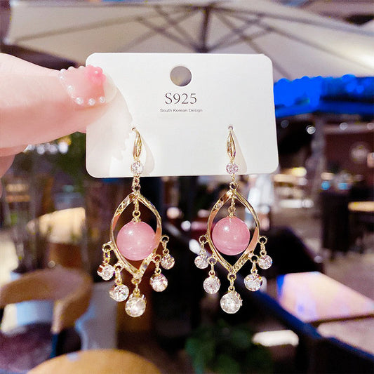 Temperament Smart Water Drop Earrings Personality High-End Korean Fashion Tassel Earrings Workplace Lady Cat's Eye Earrings