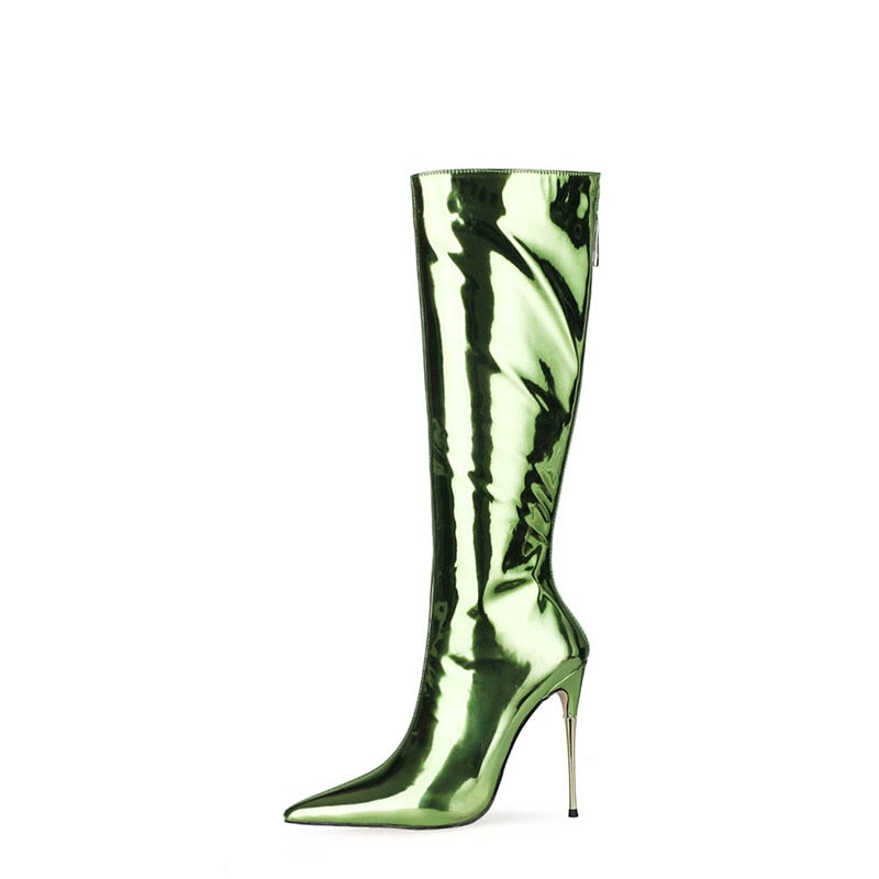 Classics Women High Heel Boots Patent Leather Back Zipper Square Toe Plush In Shoes Punk Style Knee-length Boots Female
