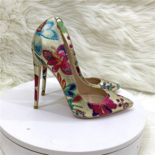 Gold Embroidered Graffiti High Heel Shoes Pointed Thin Heel Shallow Mouth Shoes Women's Shoes