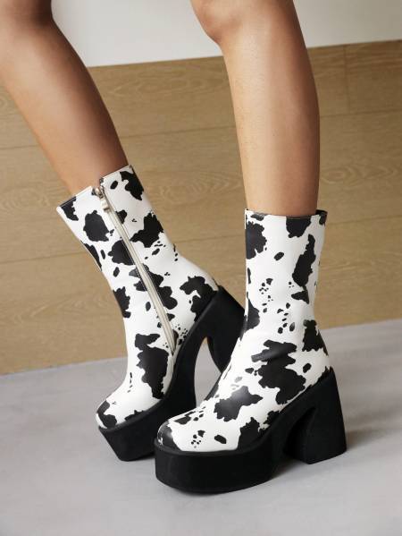 Cow Pattern Colorblock Platform Chunky High Heel Women's Mid Boots