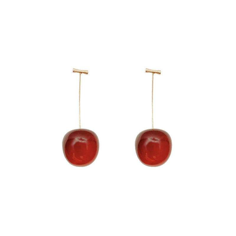 Japanese And Korean Long Red Cherry Earrings Female Sweet Girl Heart Earrings Simple Gentle Style Autumn And Winter Earrings