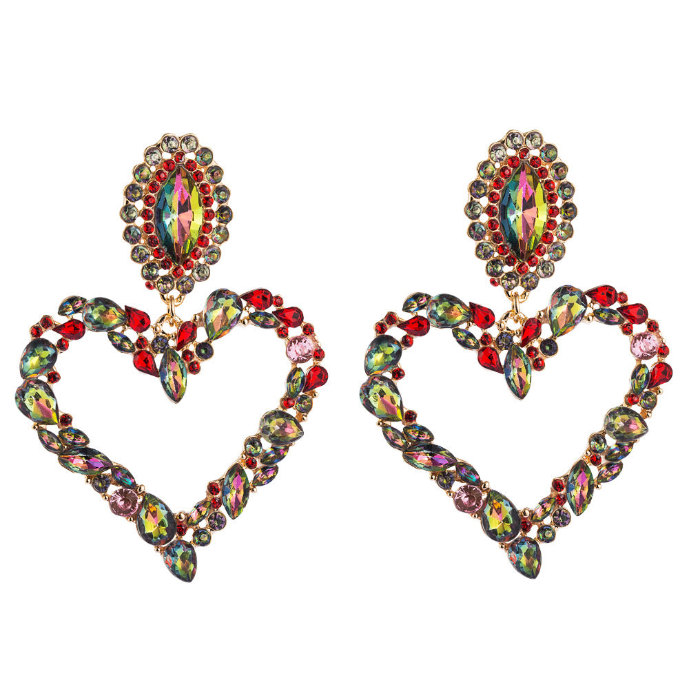 Popular Heart Shape Alloy Inlaid Colored Diamonds Retro Temperament Exaggerated Earrings Women Korean Trendy Super Flash Full Diamond Earrings