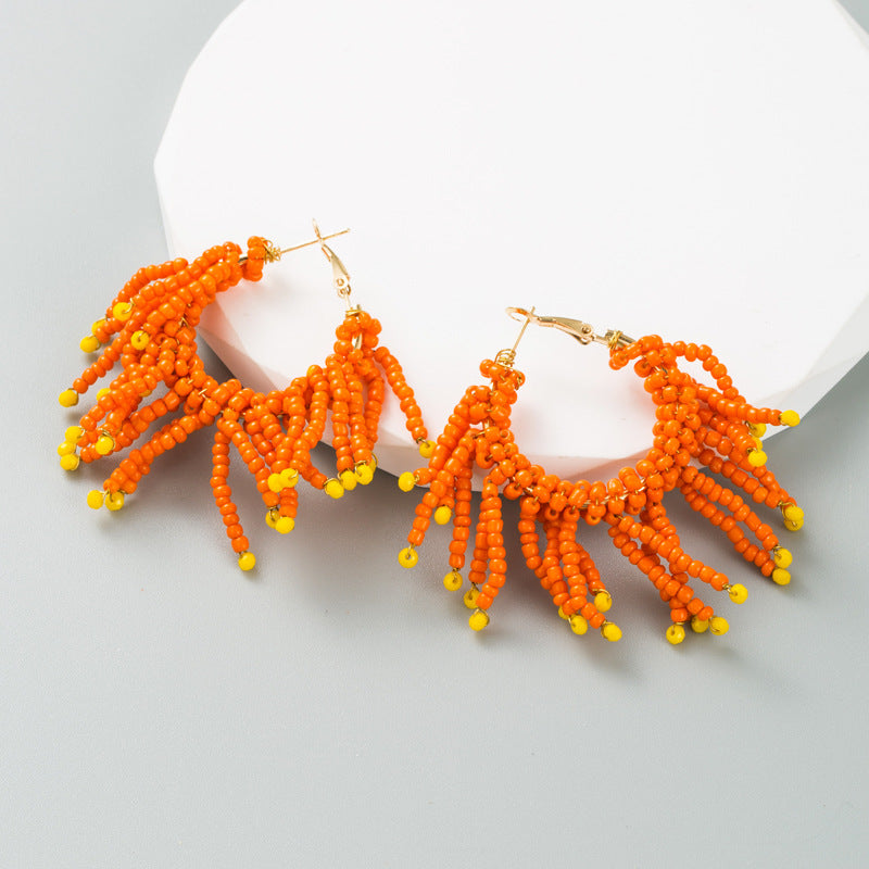 Ins Fashion Alloy Studded Rice Bead Earrings Bohemian Advanced Tassel Earrings