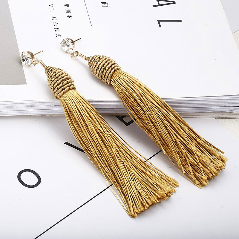 New Bohemian Gold Color Tassel Long Earrings brinco many colors Silk Hanging Earrings For Women Jewelry Dangle Earring