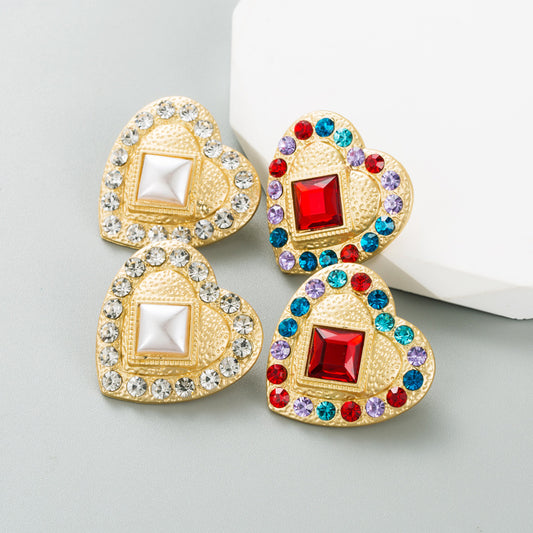 Ins Fashion Heart shaped Earrings Women's Alloy Studs with Color Rhinestones High quality Earrings