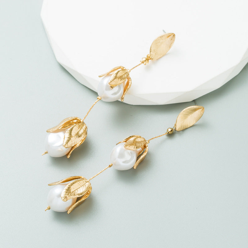 ZA Same Style Simple Artistic Temperament Artificial Pearl Petal Shaped Earrings Long Women's Dress Decorative Earrings